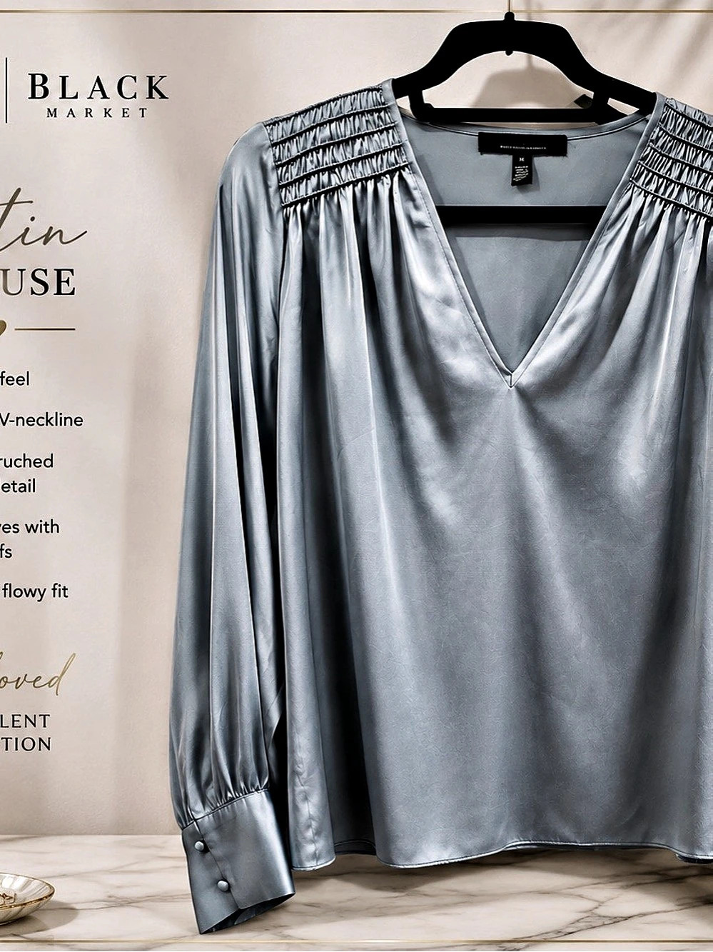 Preloved White House Black Market Ruched Satin Shell Gray Blouse Like New